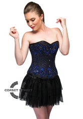 Blue Satin Black Handmade Sequins Overbust Top & Net Tutu Skirt Plus Size Corset Dress